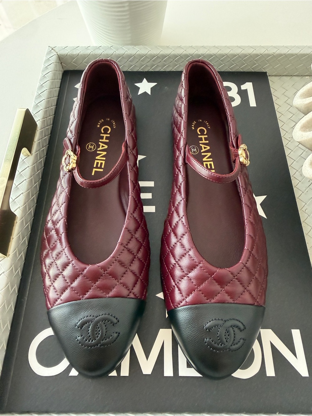 CHANEL CC LOGO BURGUNDY LEATHER MARYJANE BALLET QUILTED FLATS BLACK CAP TOE 38.5
